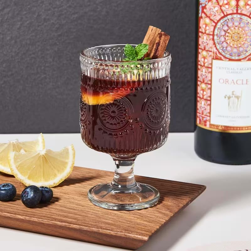 Image of PrimeWorld Vintage Goblet Glasses Set of 6 | Embossed Floral Decorative Glass Cups | Elegant Wine & Mixed Drink Glasses for Parties, Bars, Restaurants & Dining