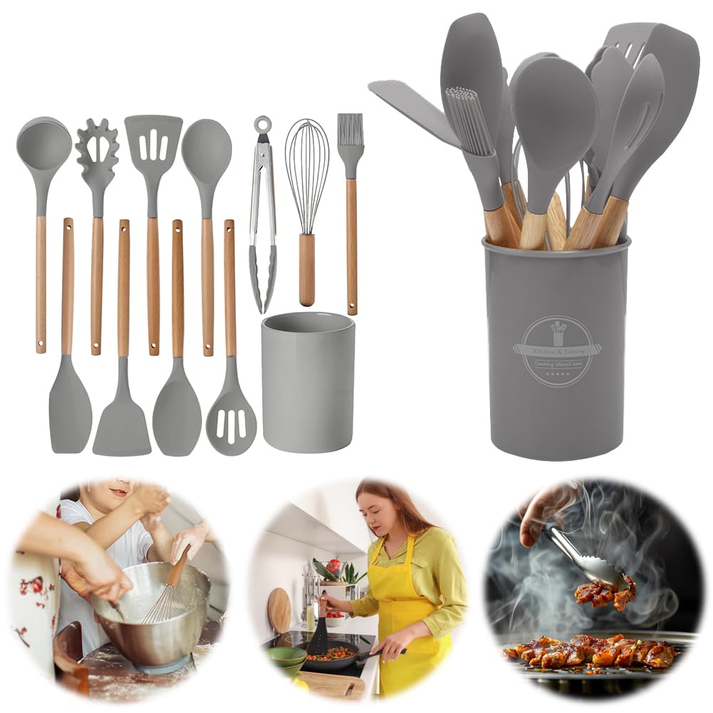 Küchenhelfer-Set – 12-teiliges Silikon-Kochutensilien mit Holzgriffen, hitzebeständig und antihaftbeschichtet, inklusive Zange, Spatel, Löffel, Aufbewahrungseimer, spülmaschinenfest