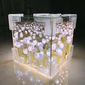 Katutude DIY Tulip Cube Mirror Lamp 2024 Tulip Night Light LED Decorative Lamp Handmade Tulip Flower Lamp Desktop Furniture Decoration Creative Gifts