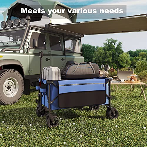 Mdeam Folding Collapsible Wagon,Large Capacity Outdoor Wagons Carts Heavy Duty Foldable Utility With Big All-Terrain Wheels &2 Side Pocket For Camping,Sports(Blue) #TOP2