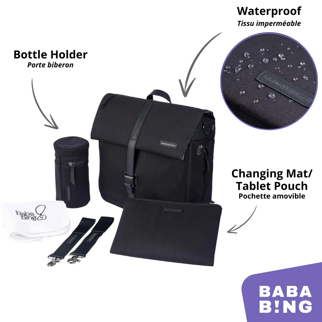 Bababing - DayTripper 2 Diaper Bag - Multifunction Travel Bag Convertible to Backpack with Changing Mat, Bottle Holder, Stroller Clips - Black Canvas - BB117