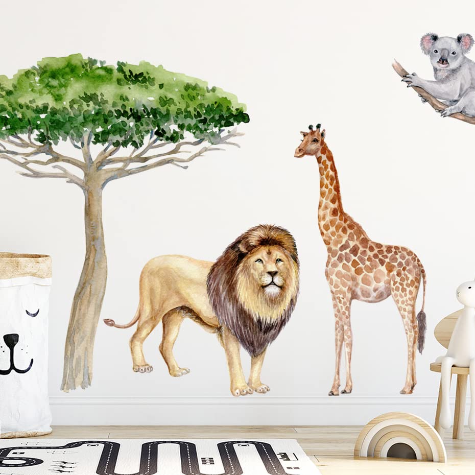 León de Dibujos Animados Jirafa árbol de la Acuarela de la Etiqueta de la Pared de Vinilo removible de la guardería habitación de los niños Decoración del hogar