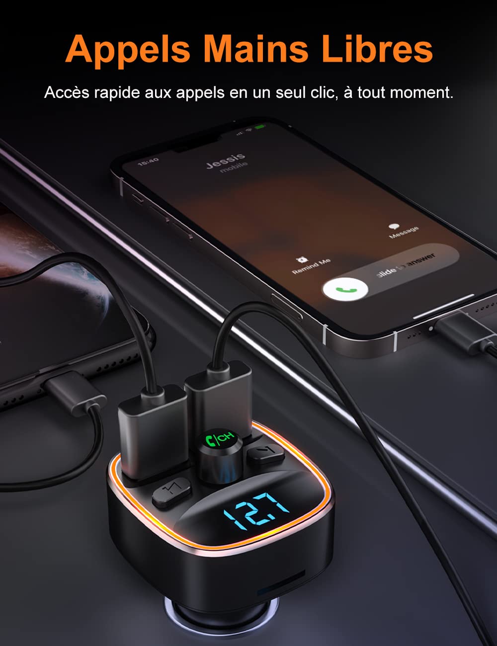 Transmetteur FM Bluetooth 5.3 Voiture - Adaptateur MP3 USB Avec Appels Mains Libres
