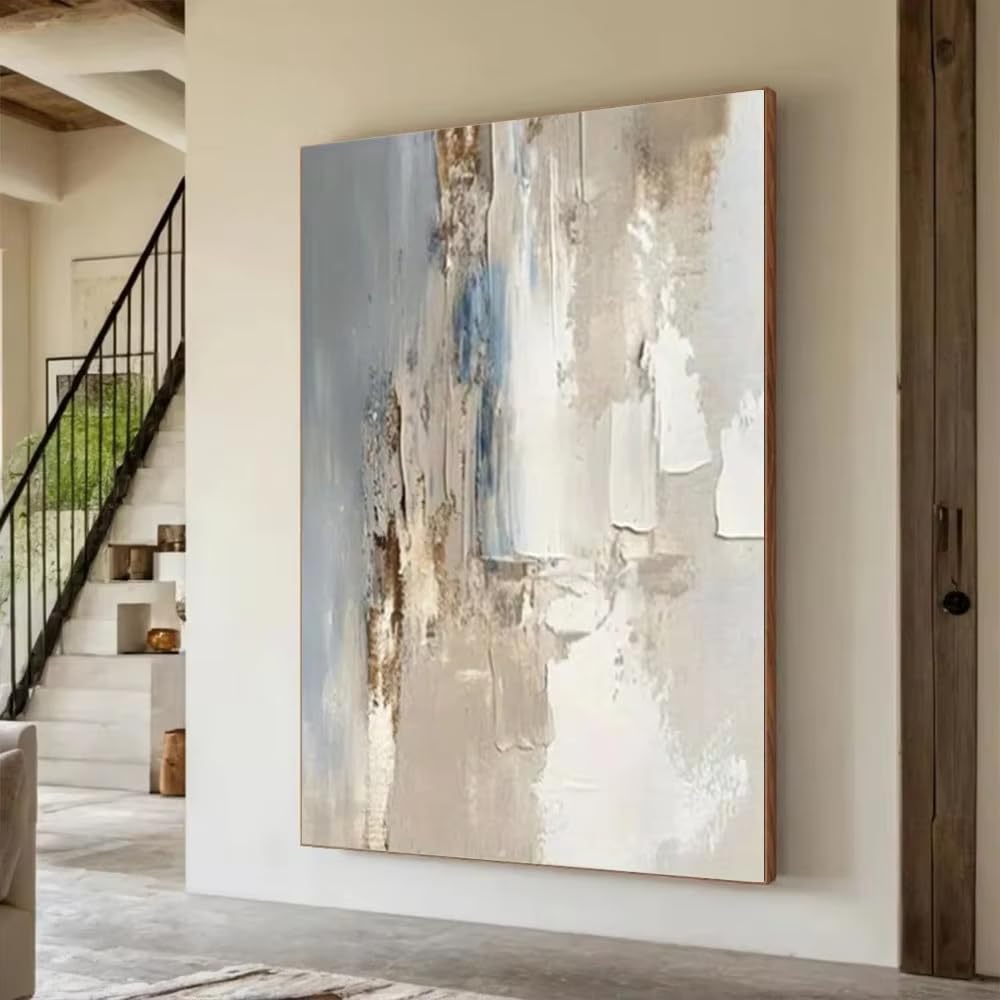 Großes abstraktes Leinwandbild in Beige und Blau, graue minimalistische Kunst, weiße Wandbilder für das Wohnzimmer (90 x 150 cm / 35 x 59 Zoll/ungerahmt)