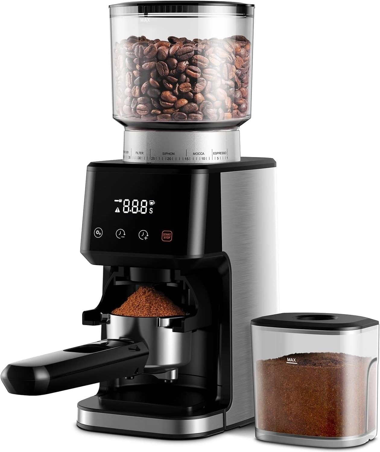 Conical Burr Coffee Grinder with Digital Timer Display, Electric Coffee Bean Grinder with 51 Precise Settings for Espresso/Drip/Pour Over/Cold Brew/French Press, Matte Black