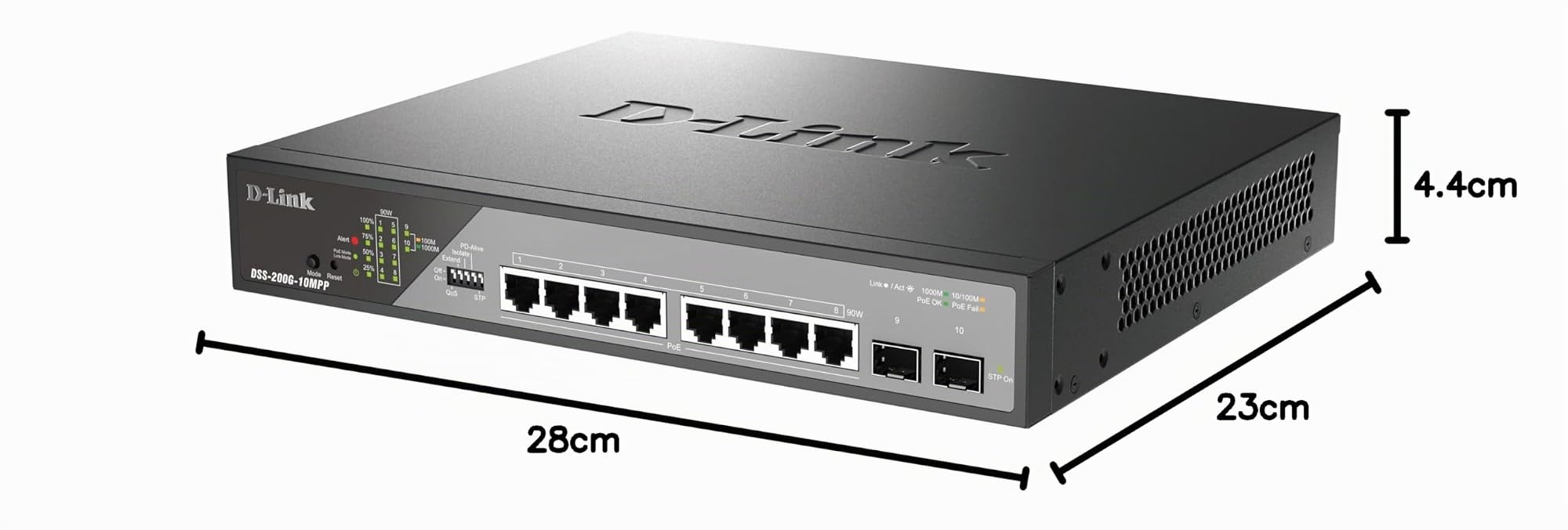 D-Link DSS-200G-10MPP Smart Switch 10 Ports Gigabit PoE++ pour vidéosurveillance, 8 Ports PoE+ 1000BASE-T et 2 Ports SFP, 802.3af/at/BT, Budget PoE 242 W, Extension de 250 m, sans Ventilateur, ONVIF