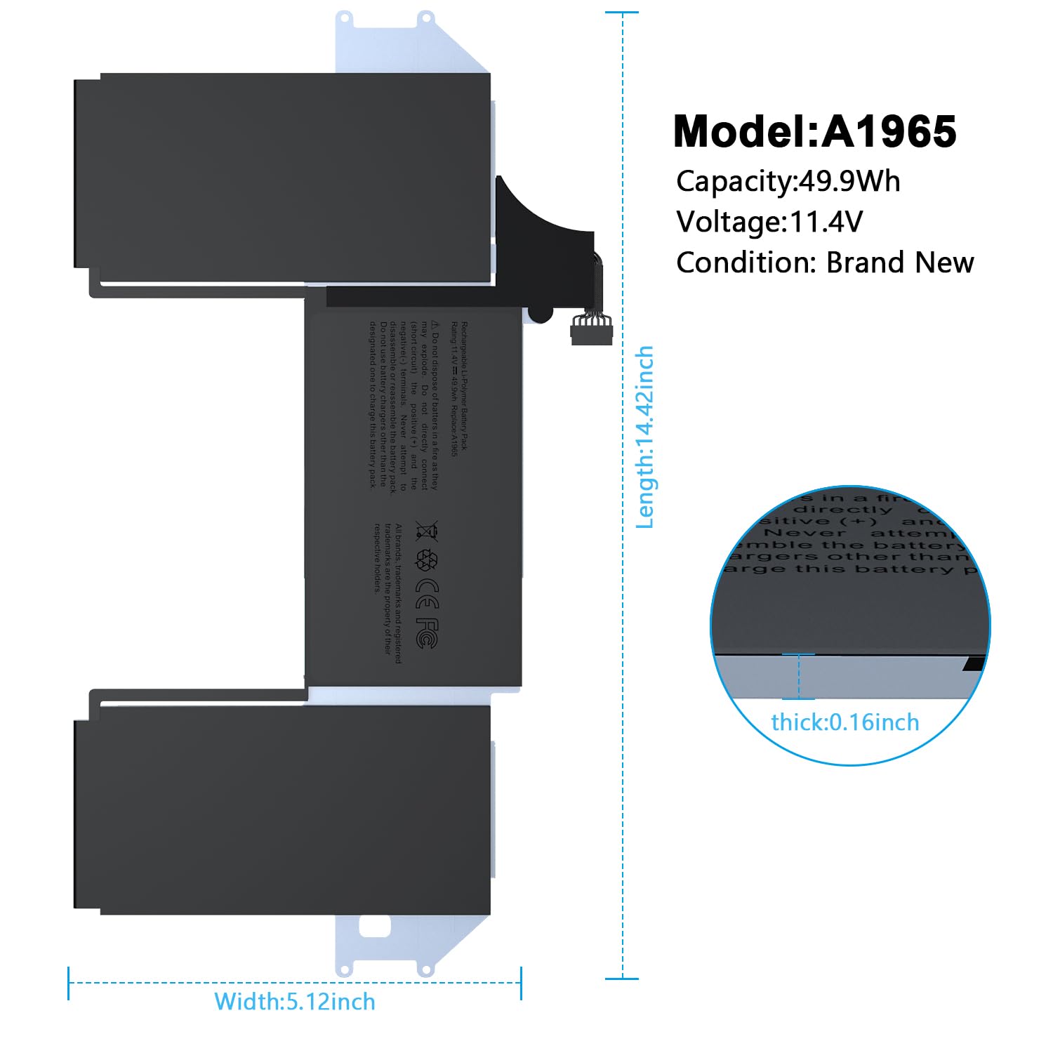 BND A1965 Laptop Battery Replacement for MacBook Air 13 inch Retina A1932(Late 2018 2019) A2179 (Early 2020) EMC 3184 3302 11.4V 49.9Wh