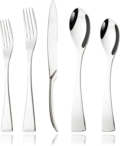 Miniatura 6 de JASHII Juego de 2 cucharas de ensalada plateadas, 2 tenedores de ensalada, cucharas redondas de acero inoxidable, juego de cucharas de mesa