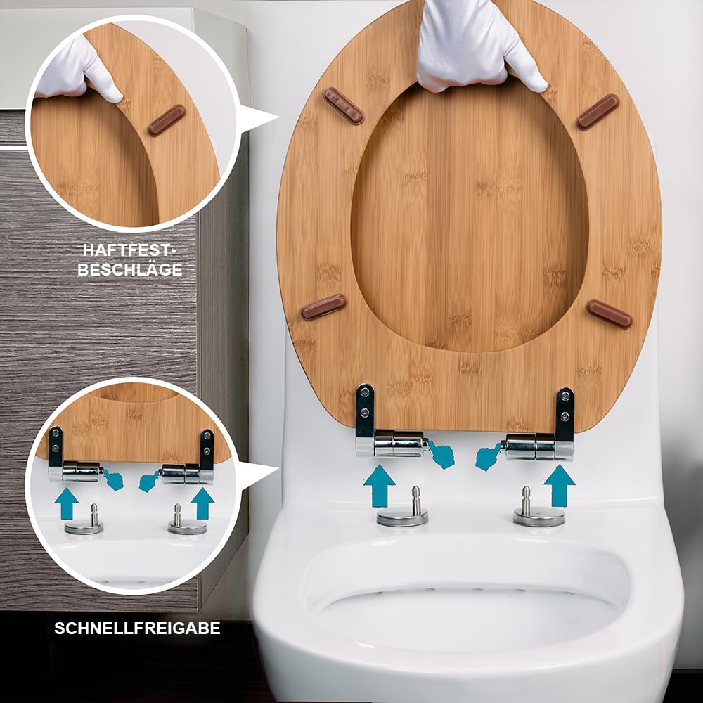 Deska sedesowa z bambusa wolnoopadająca, szybkie zapięcie i Easy-Clean, Soft-Touch PIKLiDS