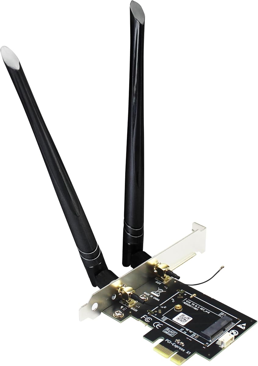 GLOTRENDS WA01 M.2 E Key to PCIe X1 WiFi Bluetooth Adapter for M.2 WiFi 4/5/6/6e/7/Coral TPU Module, with 6-dBi SMA Antenna Kits