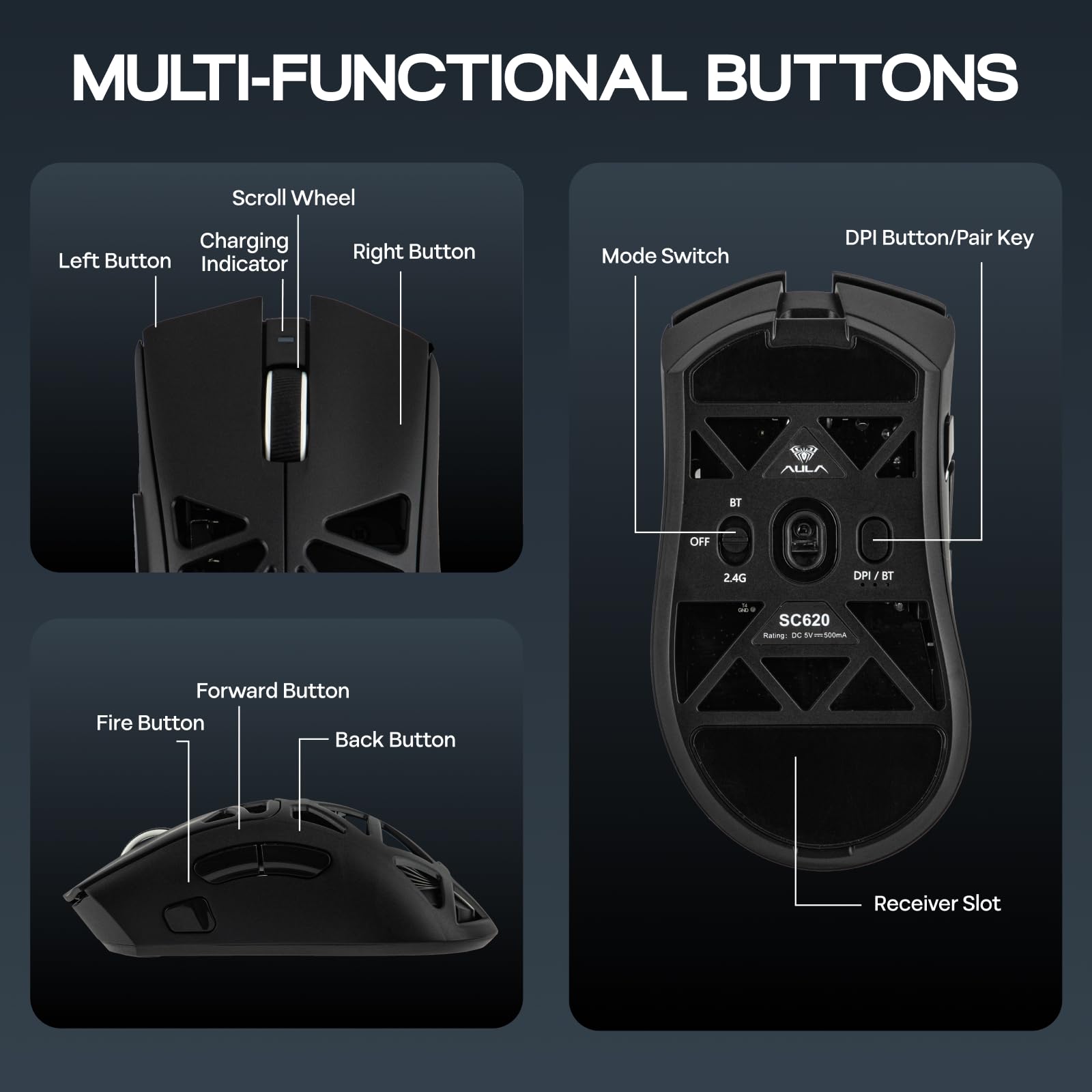 MechLands Aula SC620 Gaming Mouse, 2.4G/USB-C/BT Mouse Wireless con Batteria 400mAh, Regolabile 12.000 DPI & 1000 Polling Rate, Sensore PAW3311, Illuminazione RGB, Pulsanti Programmabili, per Win/Mac