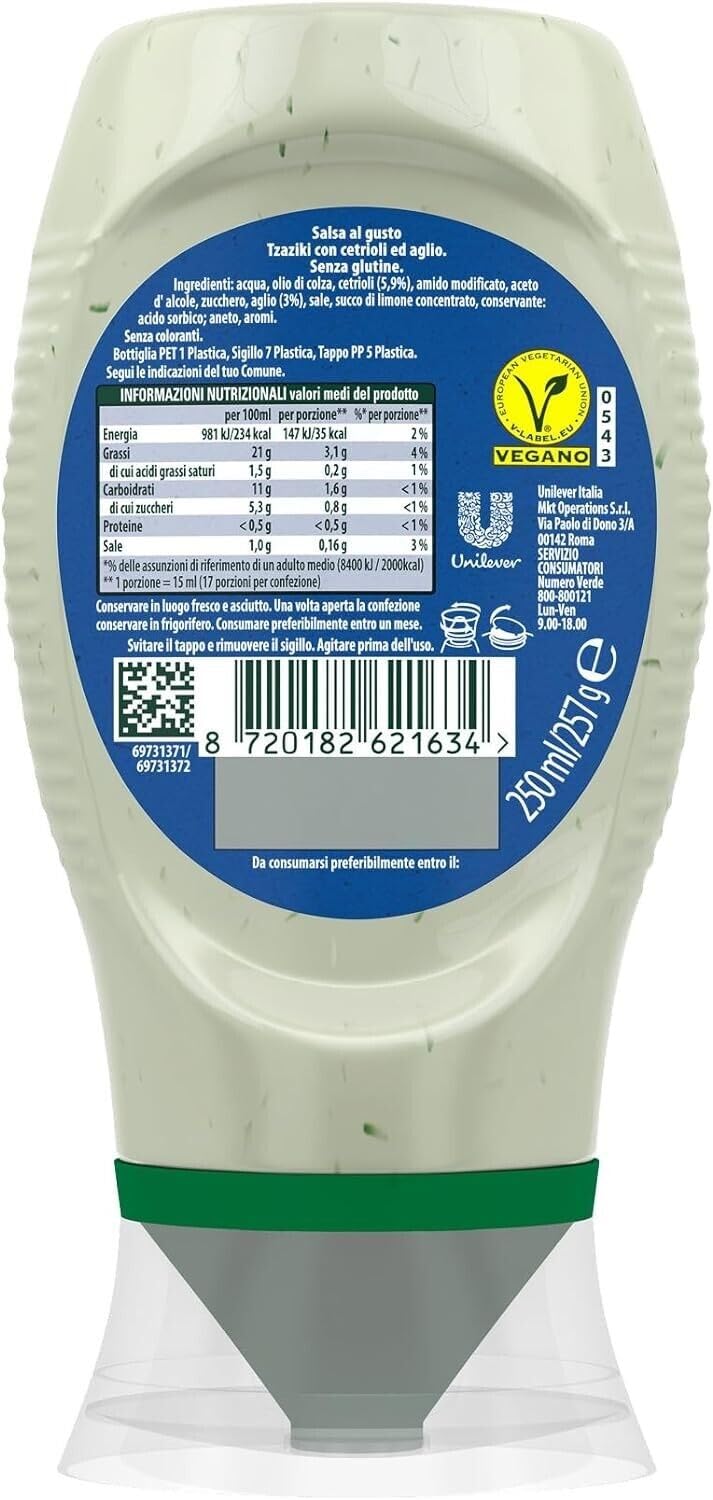 8x Calvé Tzaziki Sauce,Würzsoße auf Basis von Gurken und Knoblauch,Glutenfrei Würzsauce,Top Down 250ml + Beni Culinari Kostenloser Schlüsselanhänger