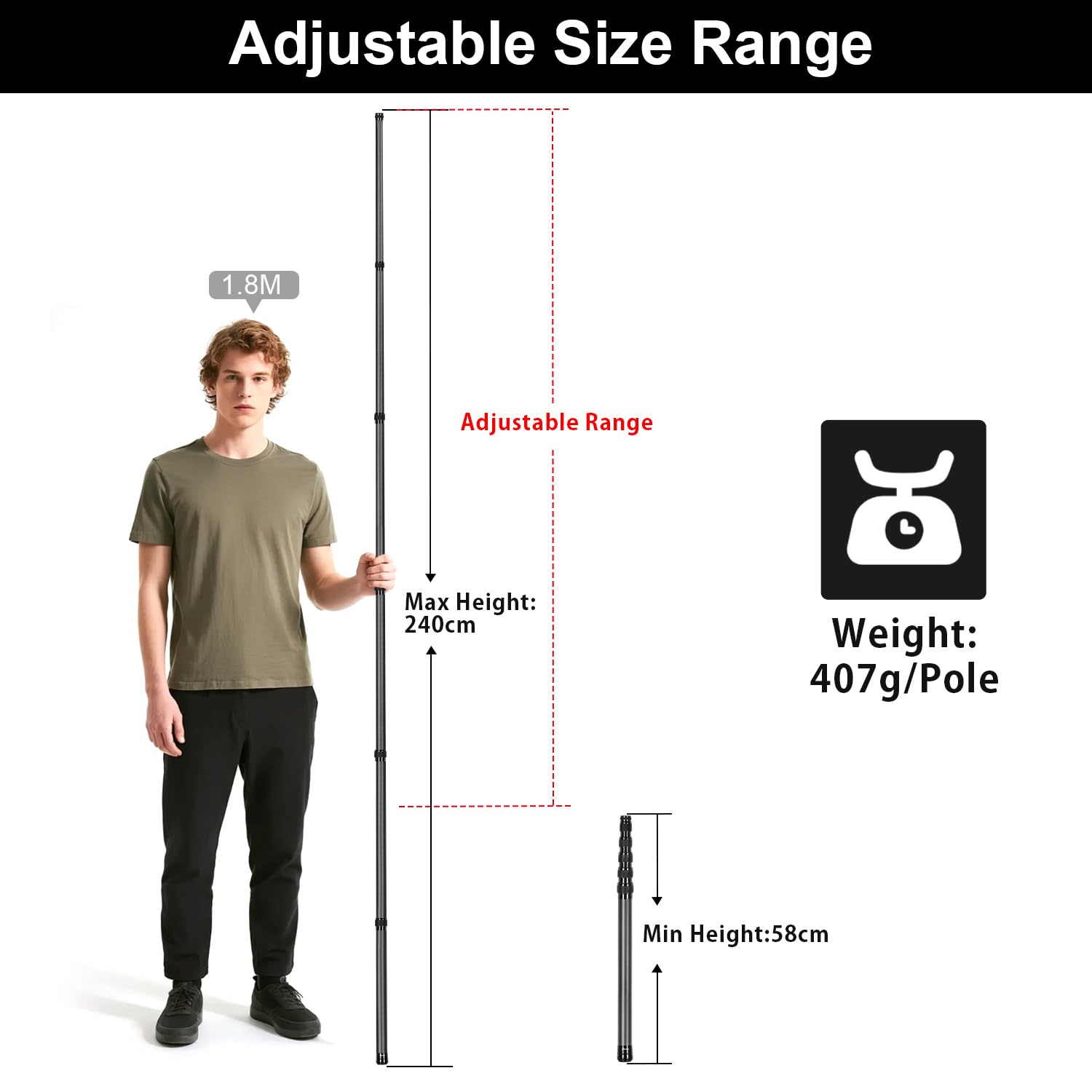 2 Pcs Postes telescópicos para Tienda de campaña, Mástil de Tienda de Fibra de Carbono Extensibles y Ajustables, 58-240cm, adecuados para Camping, Tienda de campaña, Lona, toldo, Playa