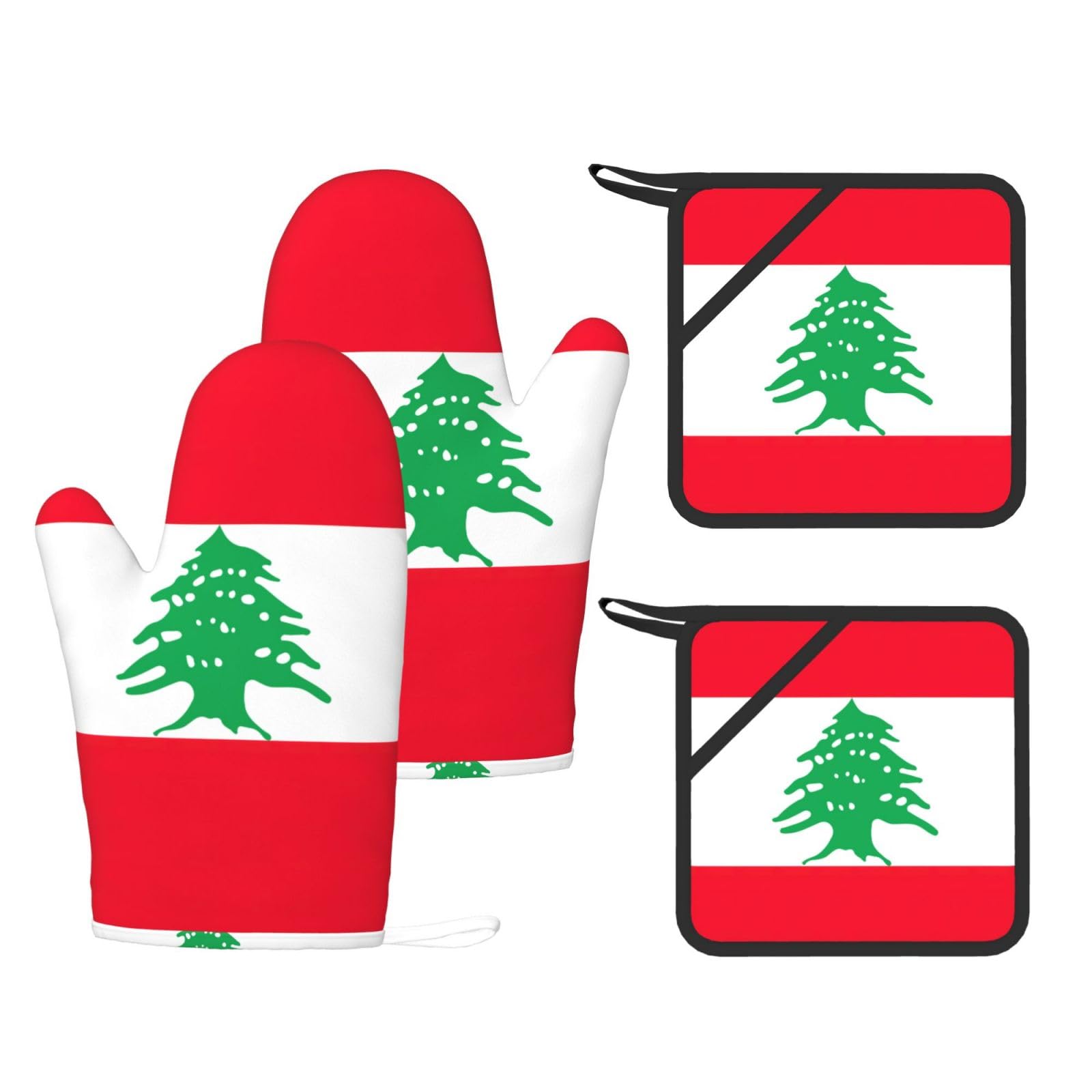 Flag of Lebanon Printed Kitchen Oven Gloves and Potholder 4 Pcs, Non-Slip Heat Resistant Mitts for Baking Chef