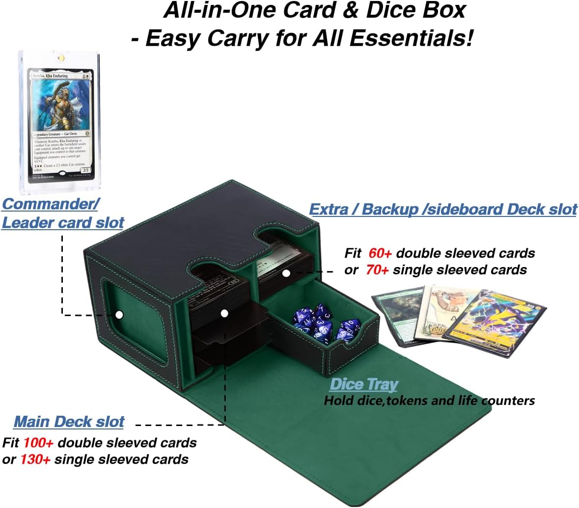 Venssu MTG Deck Box for Commander Display with dice tray,Card Deck Box Fits 160 Double Sleeved /200 Single Sleeved trading Cards, Deck Box TCG with 2 Dividers and 1 magnetic card holder (Black＆Green)