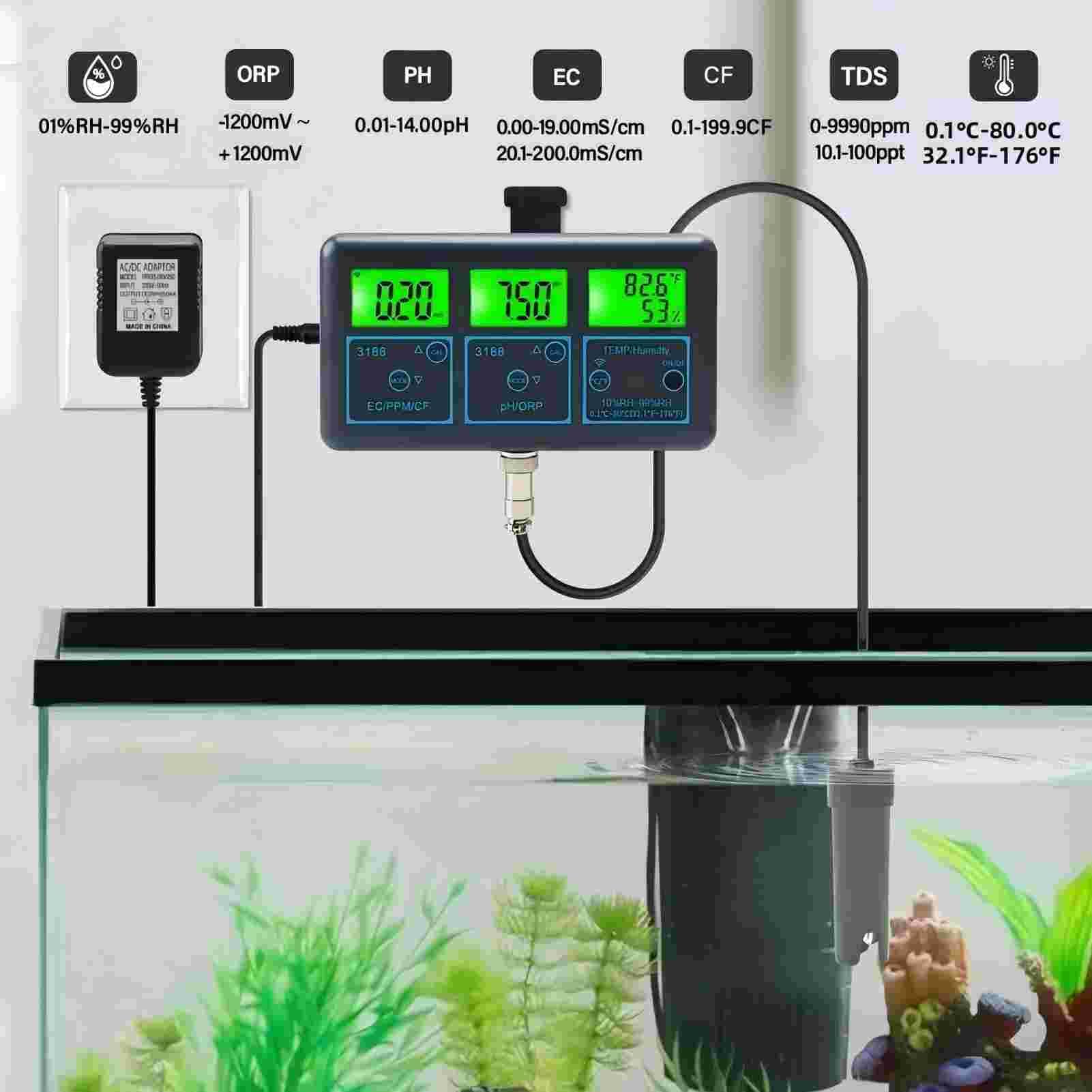 7 in1 Wasserqualität Tester, Tuya WiFi Multifunktionaler Wassertester Digital mit WLAN für Aquarium Pool Labor pH ORP EC PPM Temperatur Feuchtigkeitsmessung