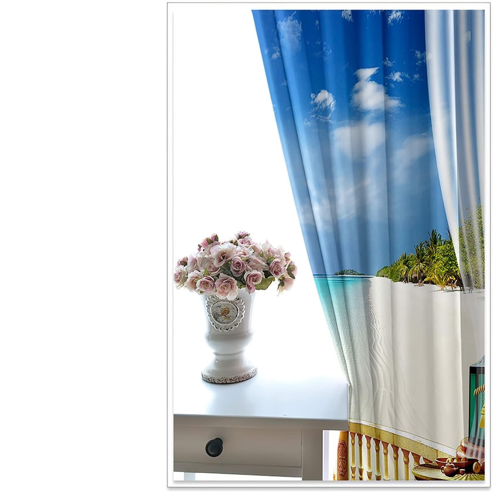 Voilage Fenetre Boheme, Rideau Chambre Retro Bleu Blanc Kaki Balcon Mer et Maisons de Vacances Polyester Lot de 2 304x244cm