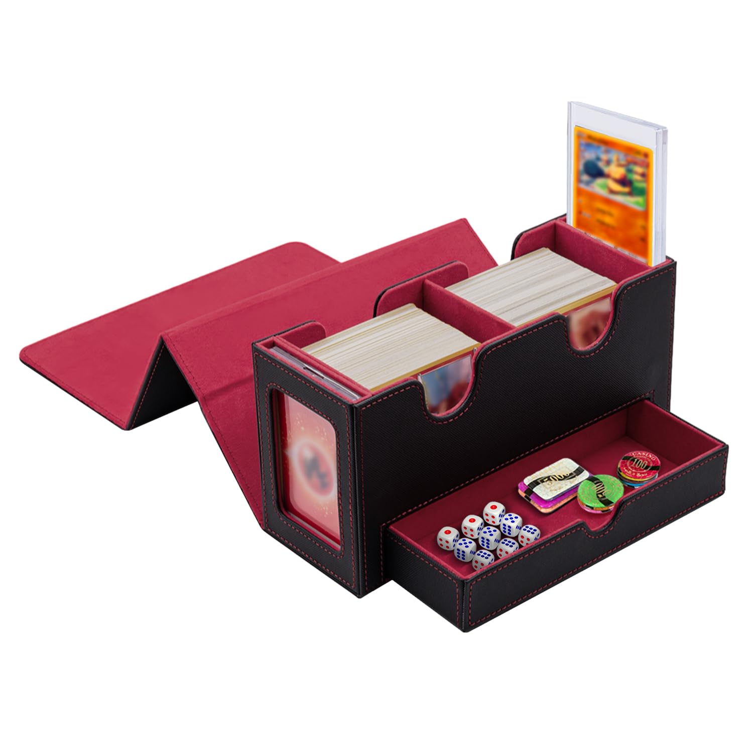 Tolesum Doppio Deck Box Porta Mazzo per MTG, Capacità di 300+ New Carte Senza Maniche con 1 Dice Tray,Magnetic Flip Deck Box per Scatola di Carte di Collezione Magic Commander TCG -Nero e Rosso