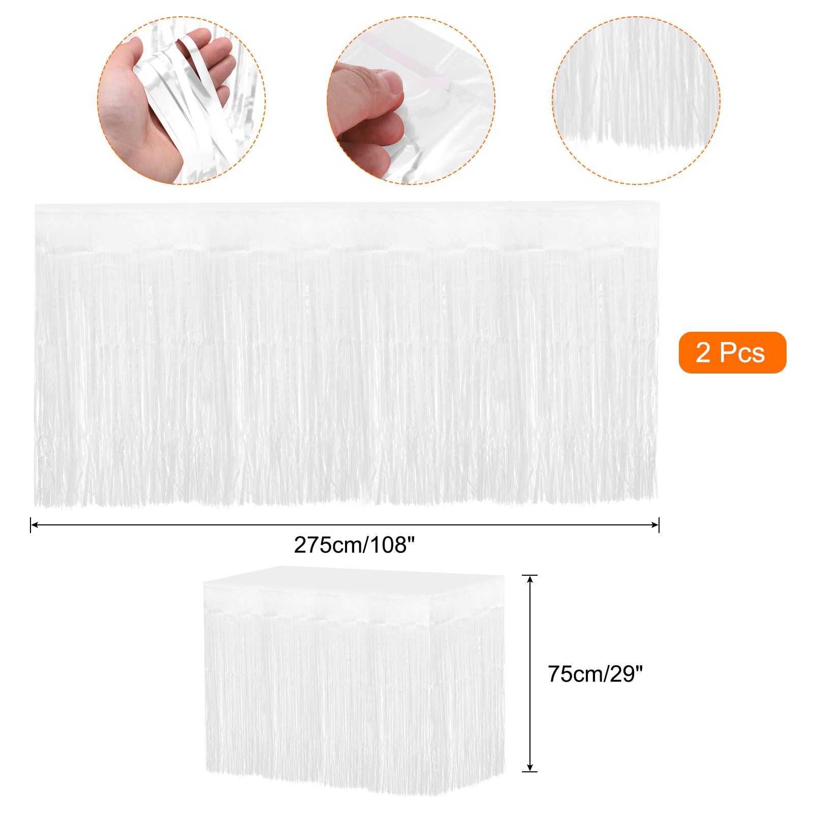 MECCANIXITY 2 Pcs 29x108 Inch Light White Metallic Foil Fringe Tinsel Table Skirts for Rectangle Tables Tinsel Backdrop Curtain for Wedding Birthday Party Decoration