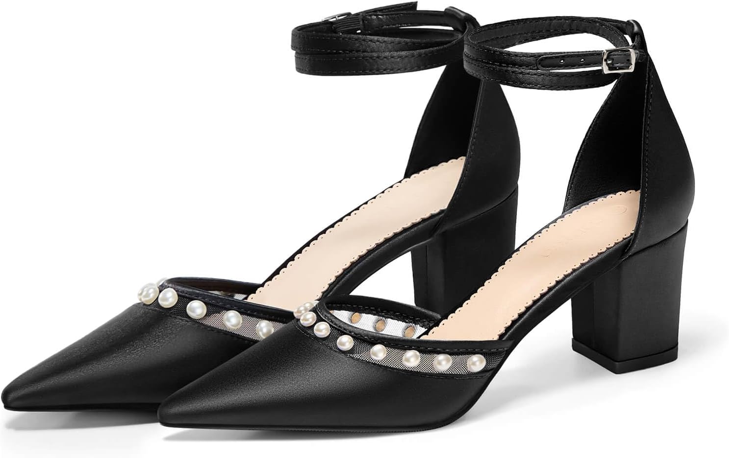 Coutgo Womens Pearl Chunky Heels Wedding Shoes for Bride Closed Pointed Toe Ankle Strap Satin Pumps - Image 6