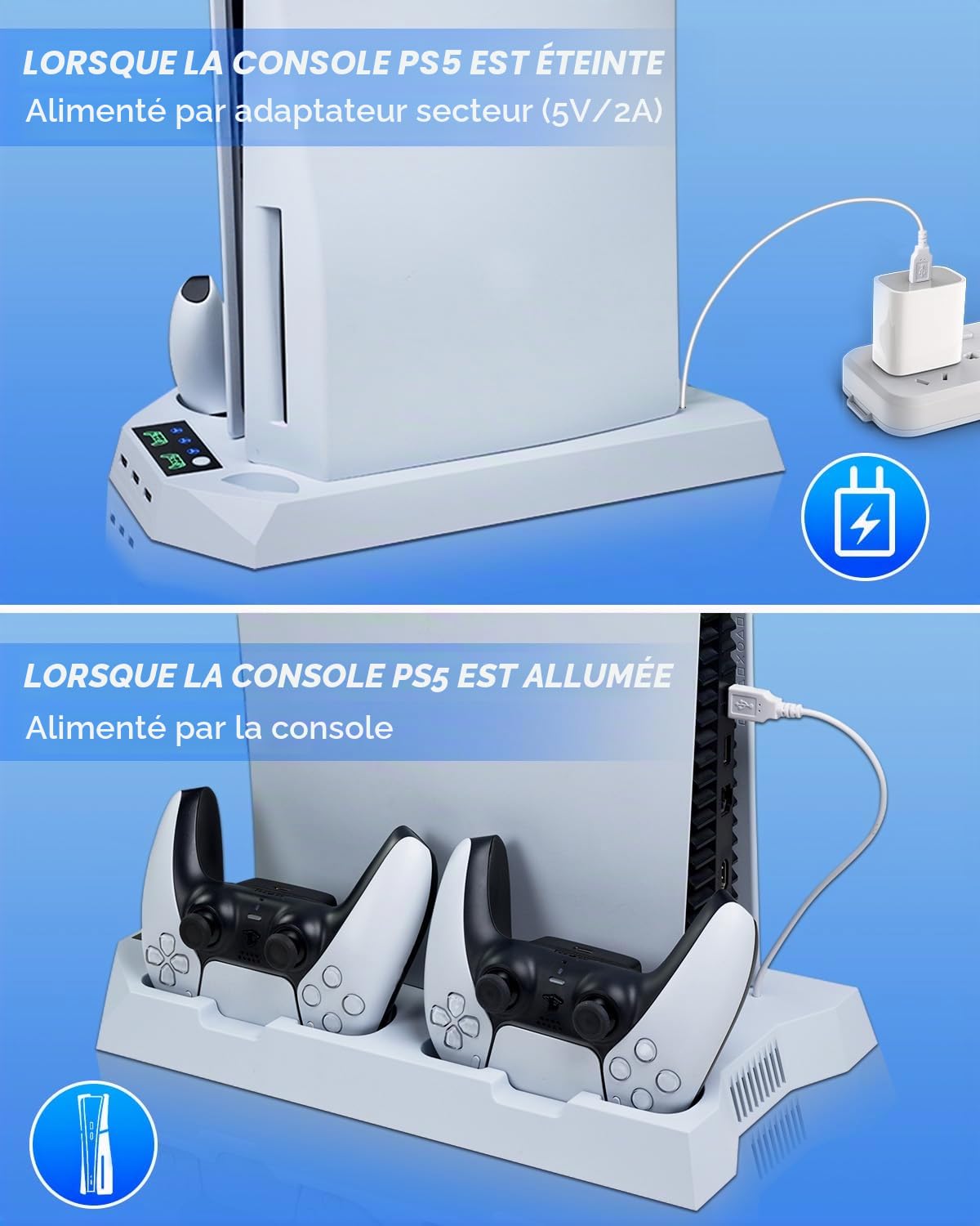 Sehawei Support PS5/PS5 Pro avec Ventilateur de Refroidissement et Chargeur Manette PS5, Ventilateur PS5 avec Télécommande pour PS5/PS5 Pro/ps5 Slim Disc & Digital