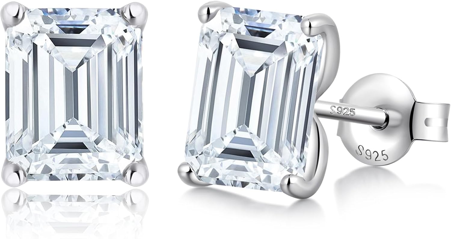 Brilliant Emerald-cut/Cushion-cut/Kite-cut/Rhombus-cut Stud Earrings, 925 Sterling Silver Cubic Zirconia CZ Earrings for Women Men Personalized Hypoallergenic Stud Jewelry Gift for Her & Him