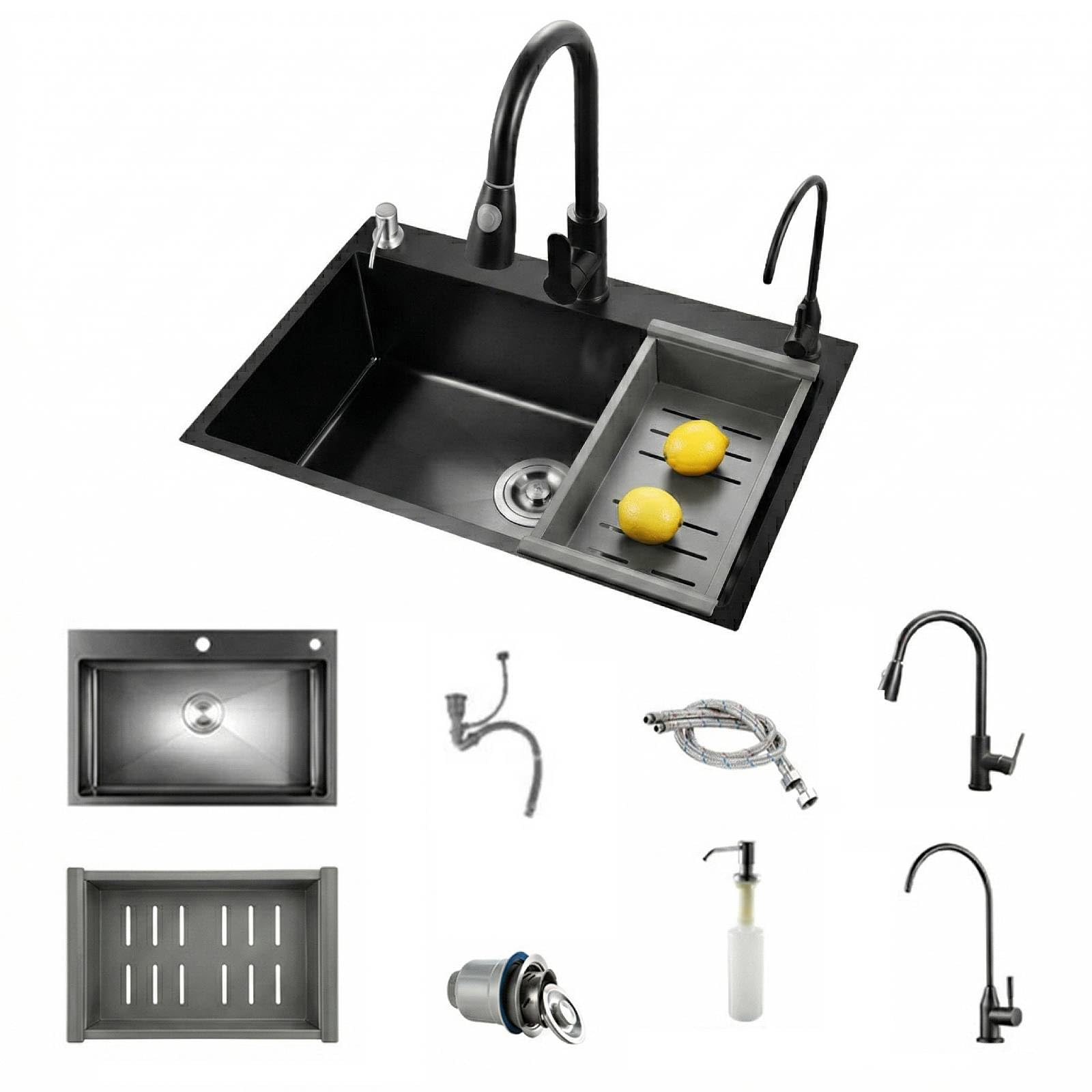 Évier Cuisine Noir en Acier Inoxydable 60 * 45CM, Évier Simple avec Robinet Extensible, Distributeur de Savon et Panier égouttoir avec Robinet Rétractable Panier Distributeur de Savon