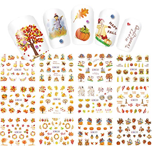Fall Thanksgiving Nail Art Stickers & Decals Accessories Maple Leaf Pumpkin Turkey Water Transfer Nail Art Stickers for Women Girls Fingernail Toenail Decoration Manicure Tips Tattoos (12 Sheets)
