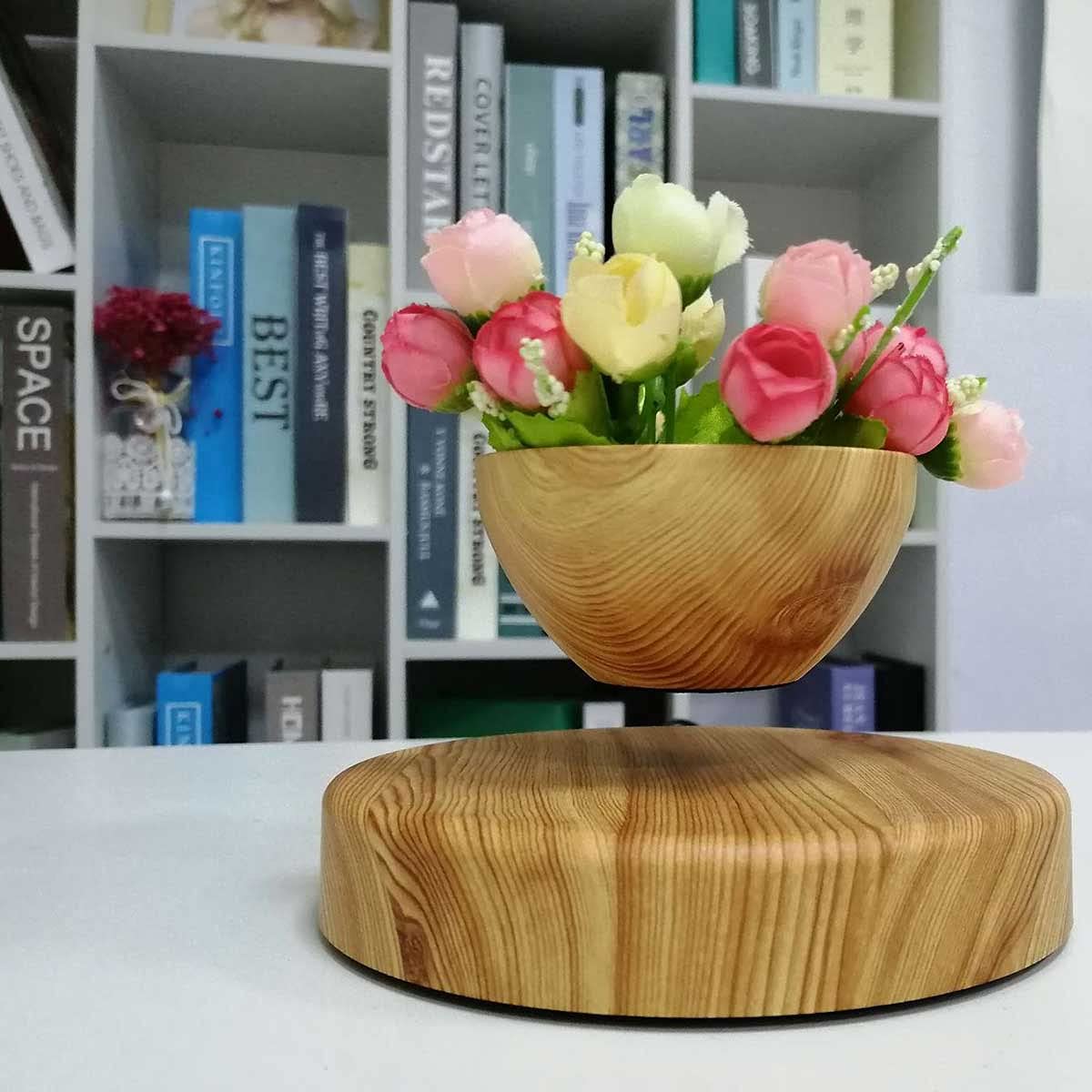 Pot De Bonsaïs À Air en Lévitation Plateau pour Plantes De Maison, 360 Degrés Pot De Bonsaï Flottant À Lévitation Magnétique Grain De Bois Pot De Fleurs Flottant pour Cadeau De Vacances