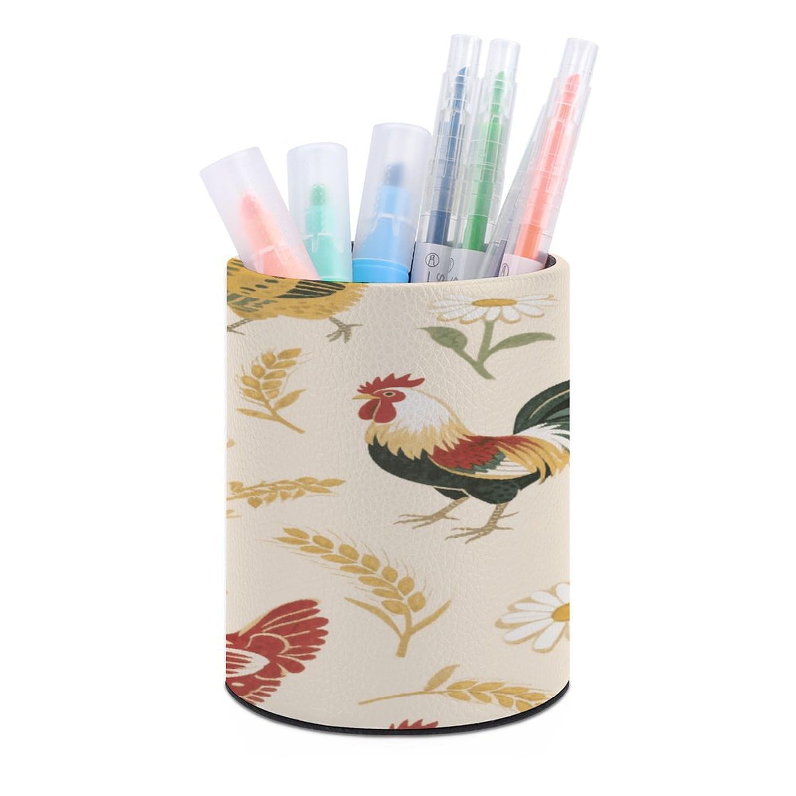 VstaDank Chicken And Rooster Print Pen Holder for Desk Makeup Brush Holders Stylish Pen Cup Cute Pencil Cup Round Pencil Holder Decor Brush Scissor Holders for Multifunctional Office Supplies