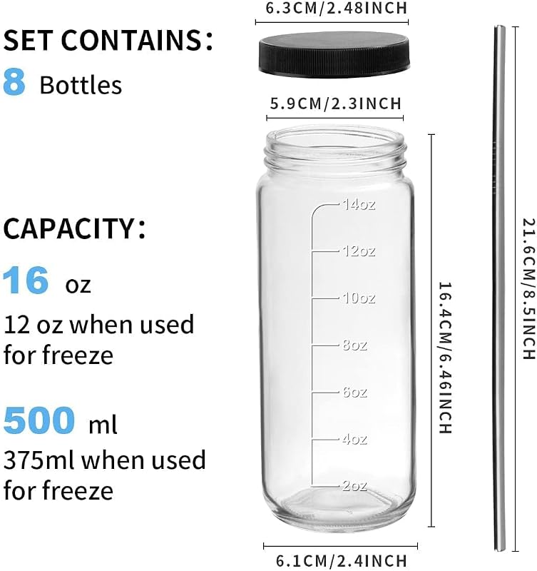 OAMCEG 8 db 500 ml Üveg Palack Szett - Juice Üvegek PP Fedéllel és Szívószálakkal, Mosogatógépben Mosható, Hűtőben Tárolható, Smoothie-hoz é