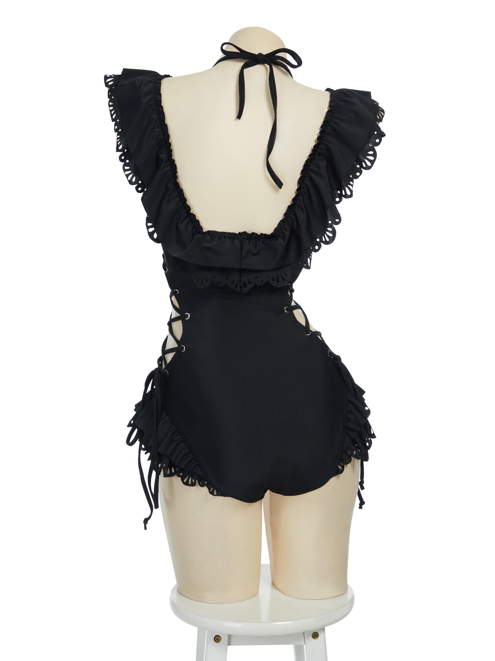 Meowcos Damen-Badeanzug, einteilig, Retro, viktorianischer Stil, Gothic-Stil, Neckholder-Badeanzug