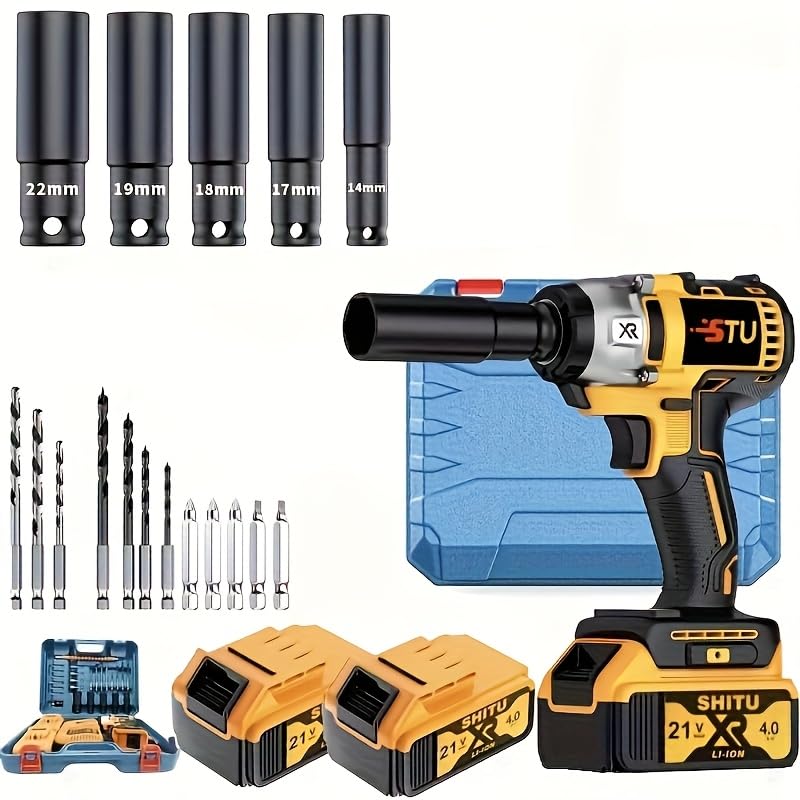 Cordless impact wrench kit, impact with charger, lithium-ion, portable, fast charger - electric tools suitable for home and car maintenance and repair use (Upgrade battery * 2+plastic box)