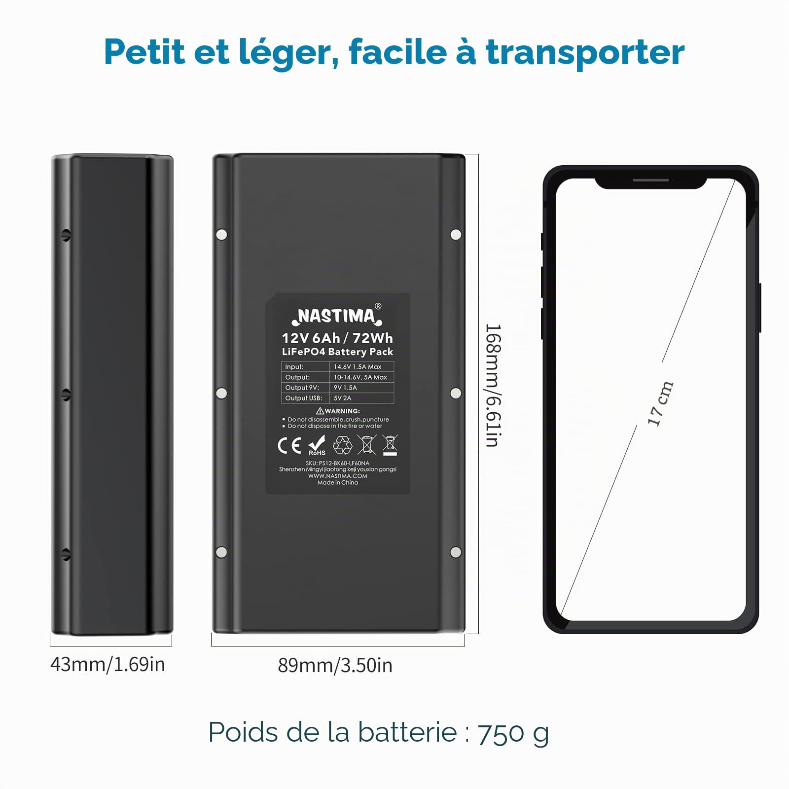 NASTIMA Pack Batterie 12,8V 6000mAh 72Wh LiFePO4 Powerbank avec Chargeur