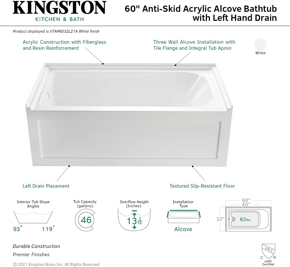 Aqua Eden VTAP6032L21A 60-Inch Anti-Skid Acrylic 3-Wall Alcove Tub with Left Hand Drain Hole, White