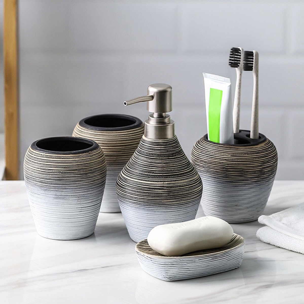 Conjunto de 5 Piezas de Accesorios de Baño de Cerámica Ligera Soporte para Cepillo de Dientes y Taza para Hacer Gárgaras Adecuado para Baño y Viaje