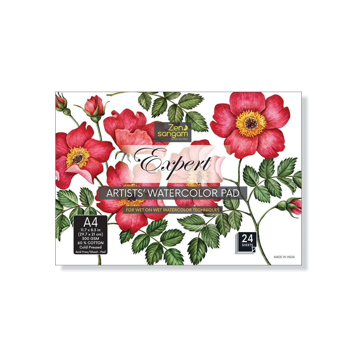 Zen Sangam A4 Expert Akwarela 300 g/m² 60% bawełna tłoczona na zimno podkładka papierowa do szkicowania - 24 arkusze (48 stron) - papier akwarelowy - książka akwarelowa (krajobraz A4)