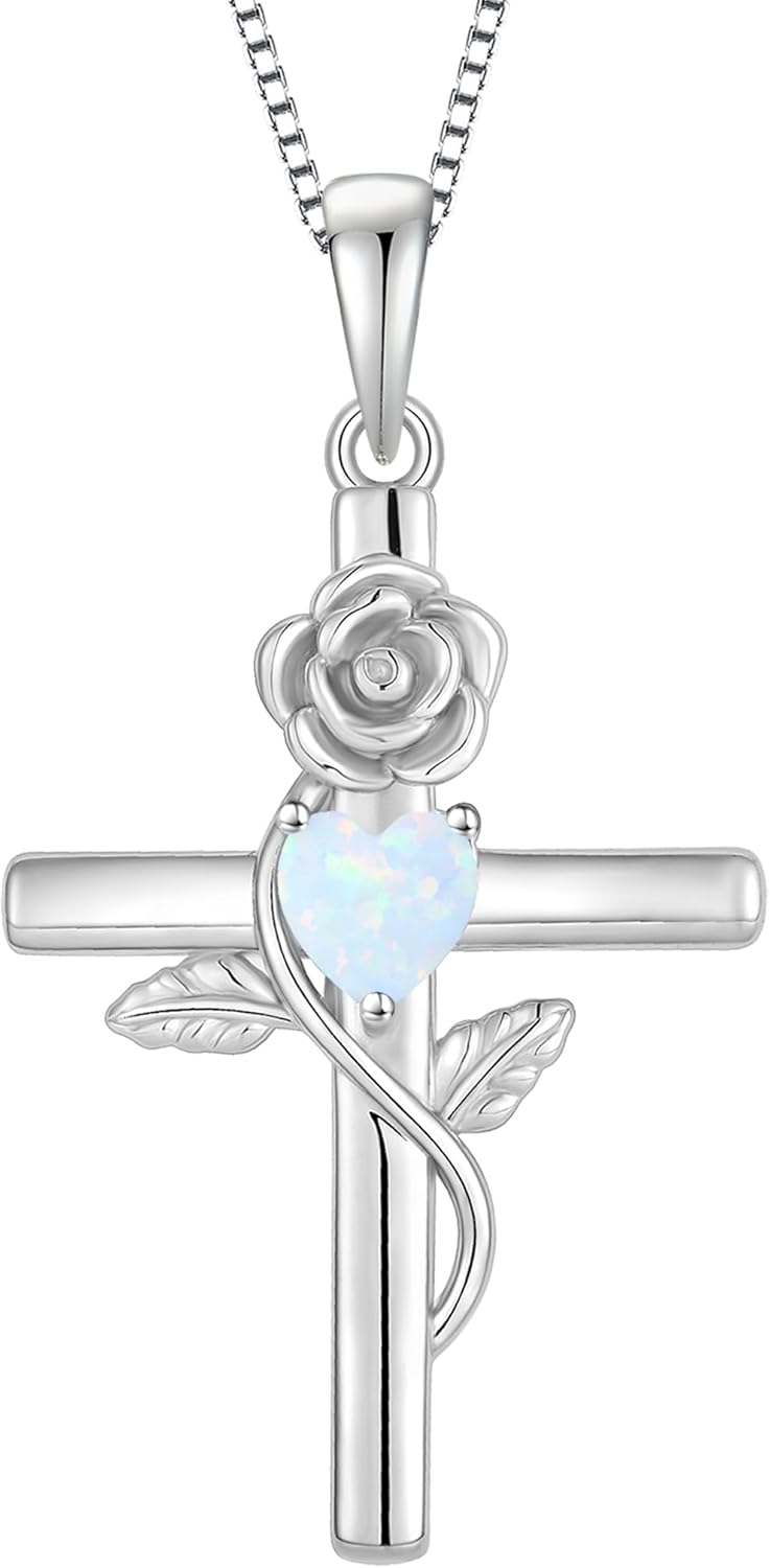 Sterling Silver Crucifix Necklace Flower Faith Cross Necklace for Women Religious Birthstone Jewelry Gift