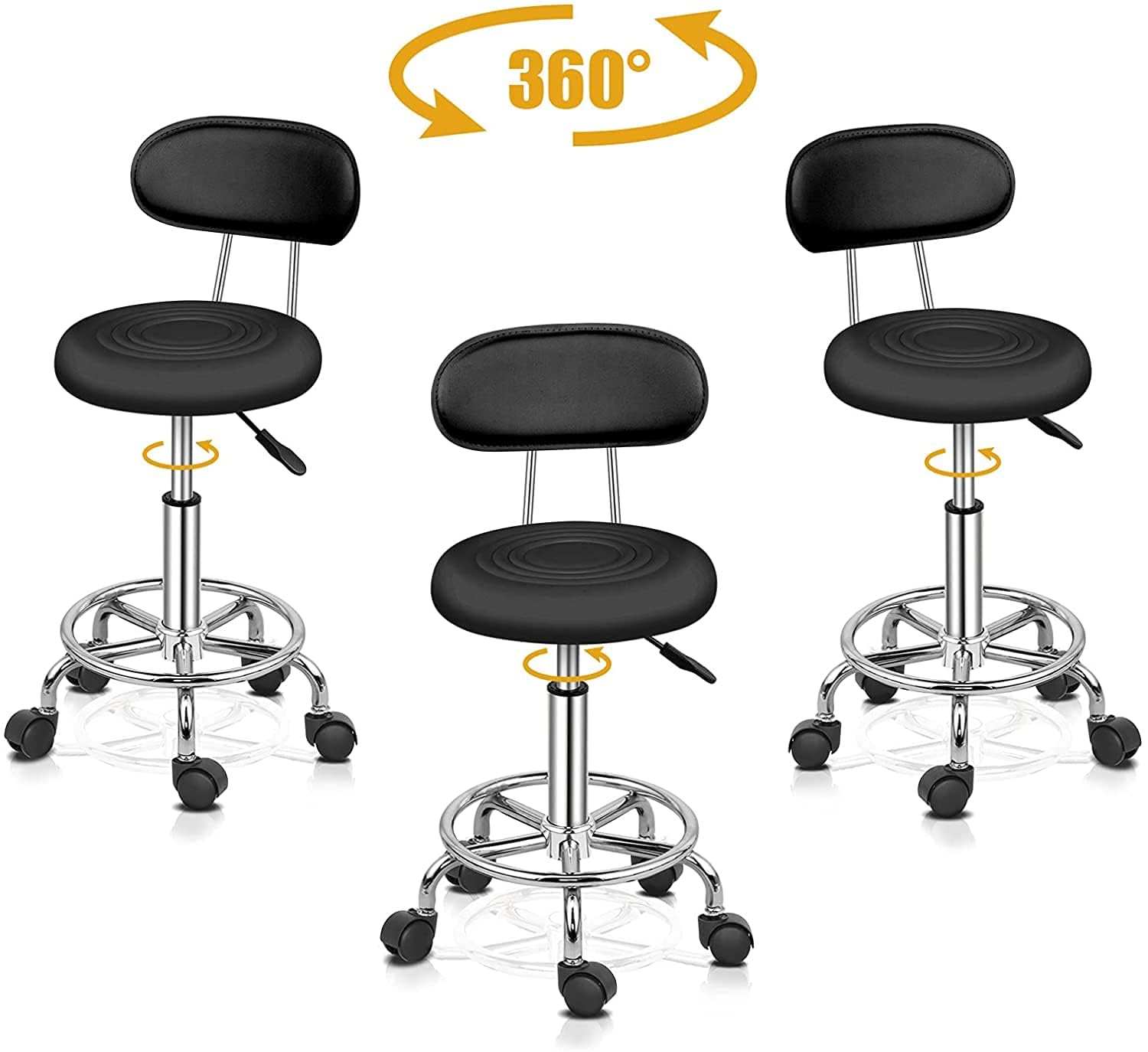 Taburete con Ruedas, Taburete Ergonómico con Respaldo, Giro de 360 Grados, Altura Ajustable de 48 a 58 cm para Oficina, Salón, Bar, SPA (1, Negro)