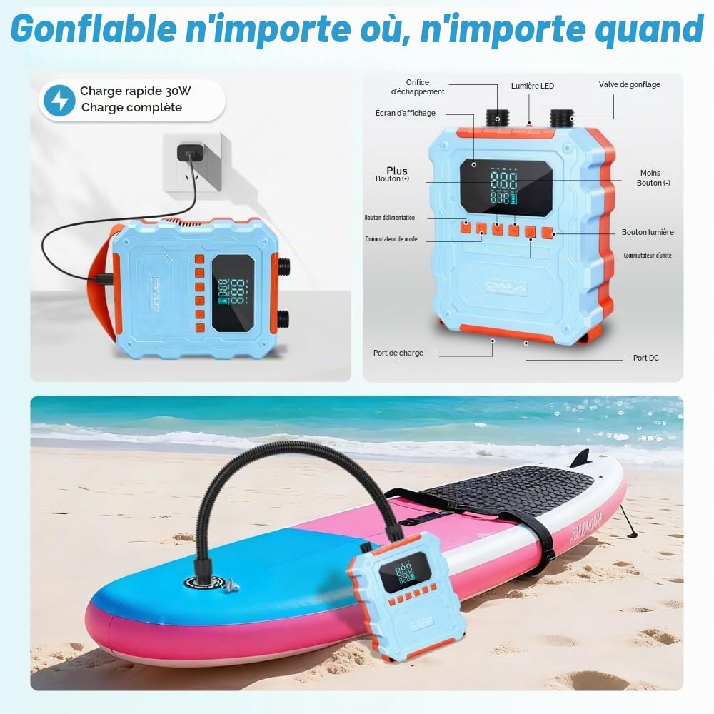 KinZon Pompe à Air Électrique 60 PSI Haute Pression pour Paddle SUP, Rechargeable Compatible Prise Voiture 12V/120W, Arrêt Automatique, Gonflage/Dégonflage, Compresseur d’Air pour Paddle, Kayak, Pneus