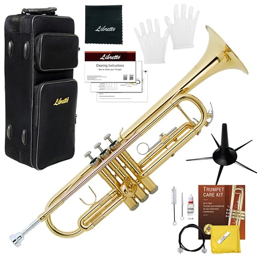 Libretto Gold Lacquer Bb Trumpet Set, Rose Brass Leadpipe, Standard for Beginner & Intermediate Students, Stainless Valve, 7C Mouthpiece, Durable Case, Portable Stand & Maintenance Kit w/Instructions