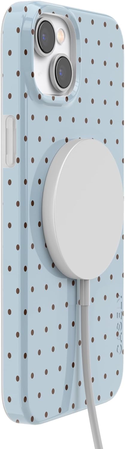 Casely iPhone 14 Plus Case | On the Dot | Blue & Brown Polka Dot | Compatible with MagSafe | Classic Ultra Slim Design