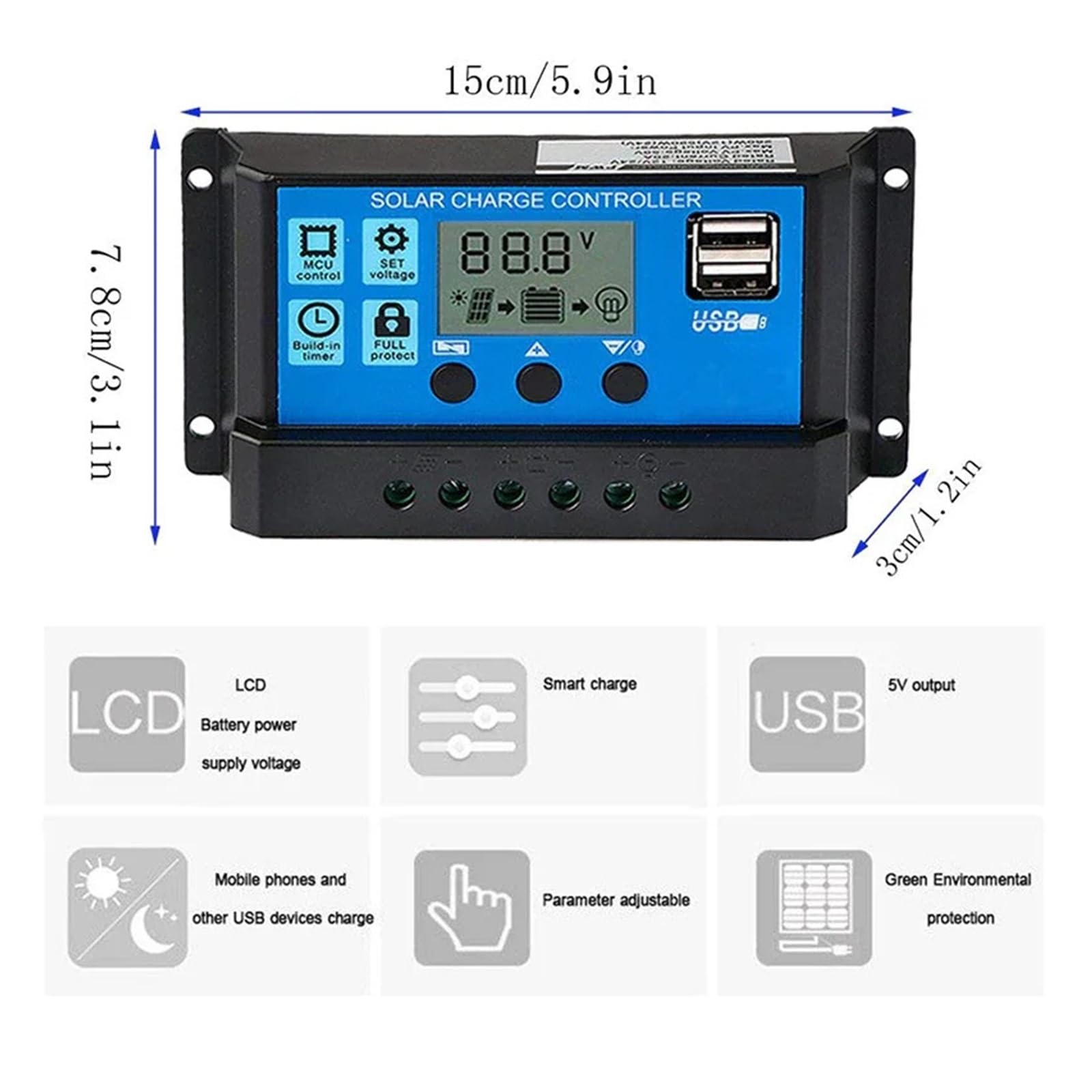 Regolatore di Carica E Scarica Solare Automatico da 12 V E 24 V, Regolatore Solare LCD da 30 A E 10 A con Doppia USB da 5 V(30A)