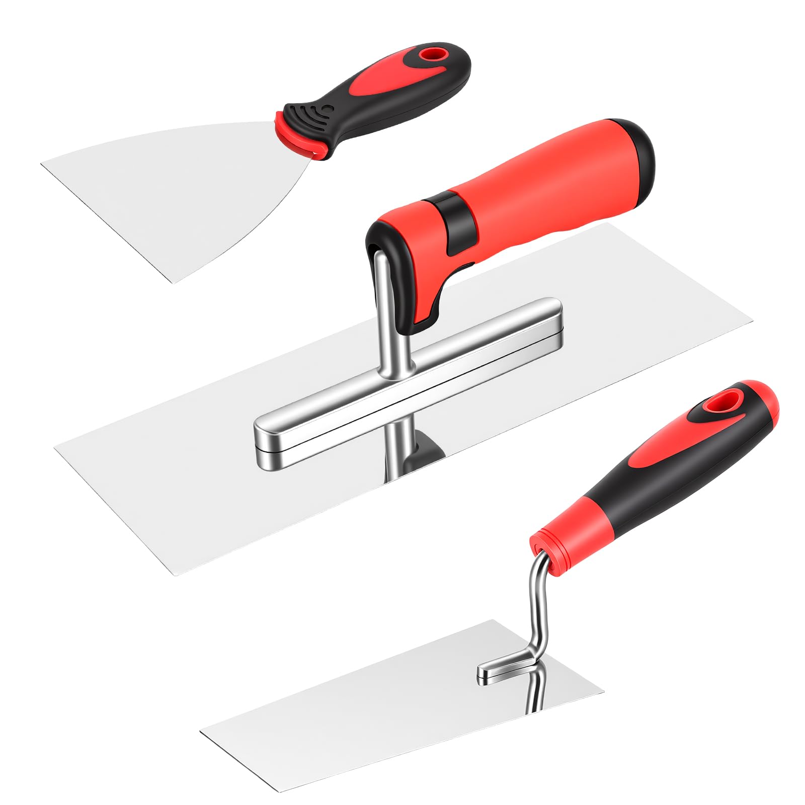 Plastering Tools Set, 3PCS Heavy Duty Stainless Steel Trowel Kit with Soft Grip Handle, Include 4" Scraper, Plastering Trowel and Brick Jointer, Professional for Skimming, Rendering