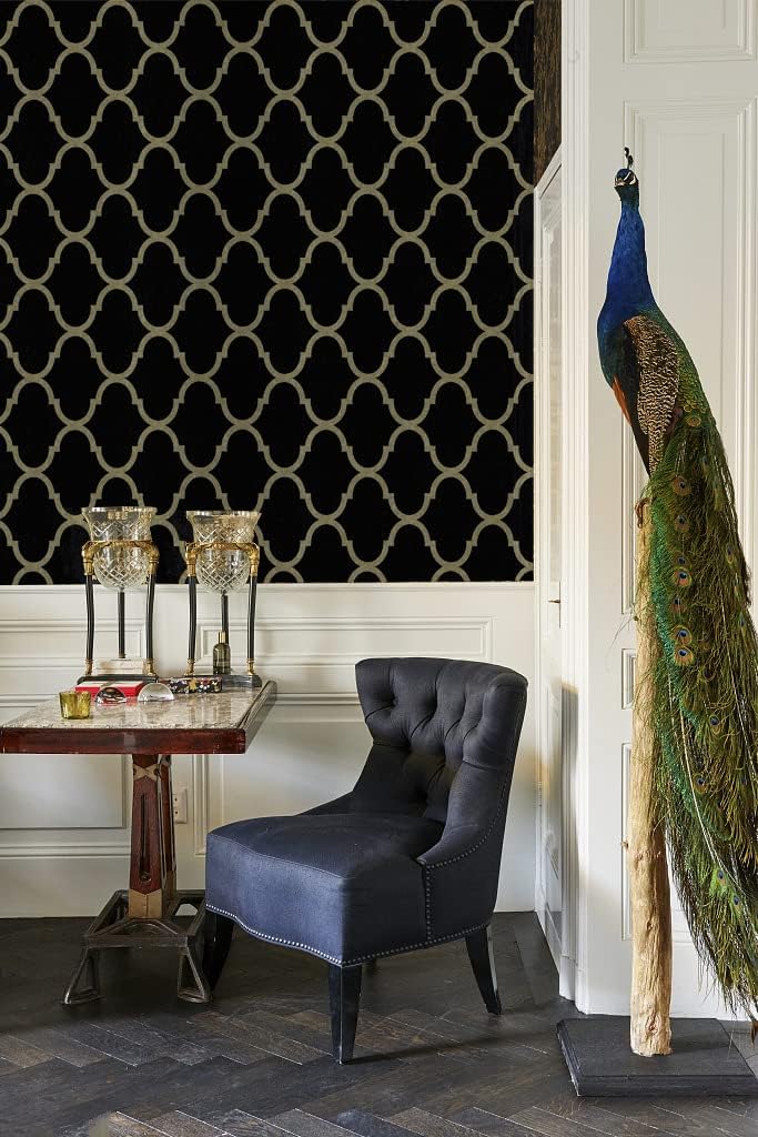 Peel and Stick Wallpaper Black/Gold Trellis Removable Wallpaper Self Adhesive Modern Geometric Textured Contact Paper for Cabinets Bathroom Kitchen Wall Covering Vinyl 78.7inx15.7in Renter Friendly