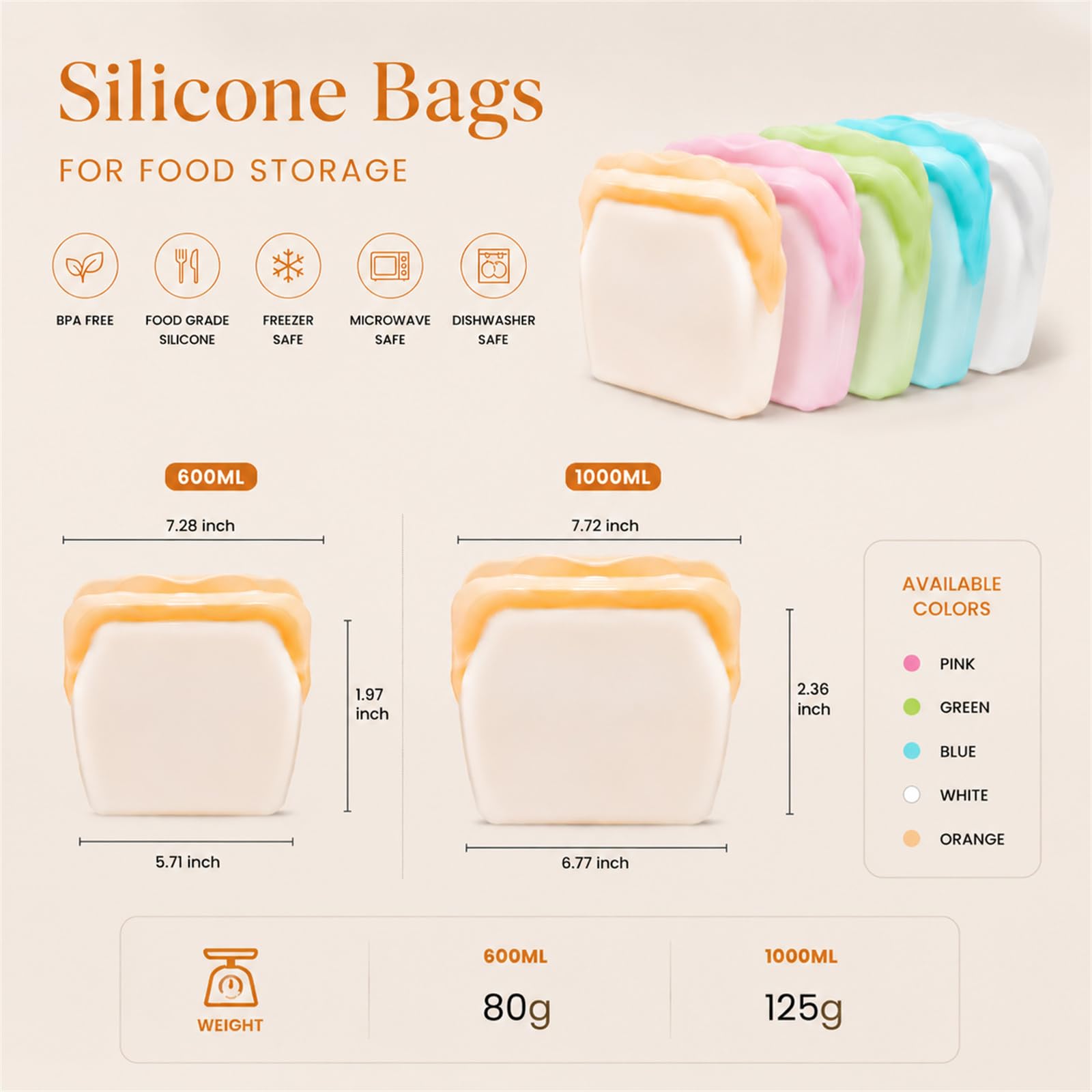 Bolsas de silicona para almacenamiento de alimentos, reutilizables, a prueba de olores, resistentes a altas temperaturas, para frutas y verduras, 600 ml (paquete de 3)