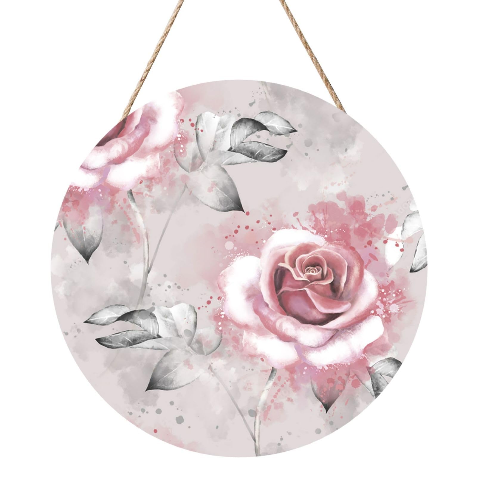 InOmak Pink Flowers Watercolor Floral Rose Gray Leaves Splash, Round Wood Panel Painting 12 in, Wall Hanging Painting For Home