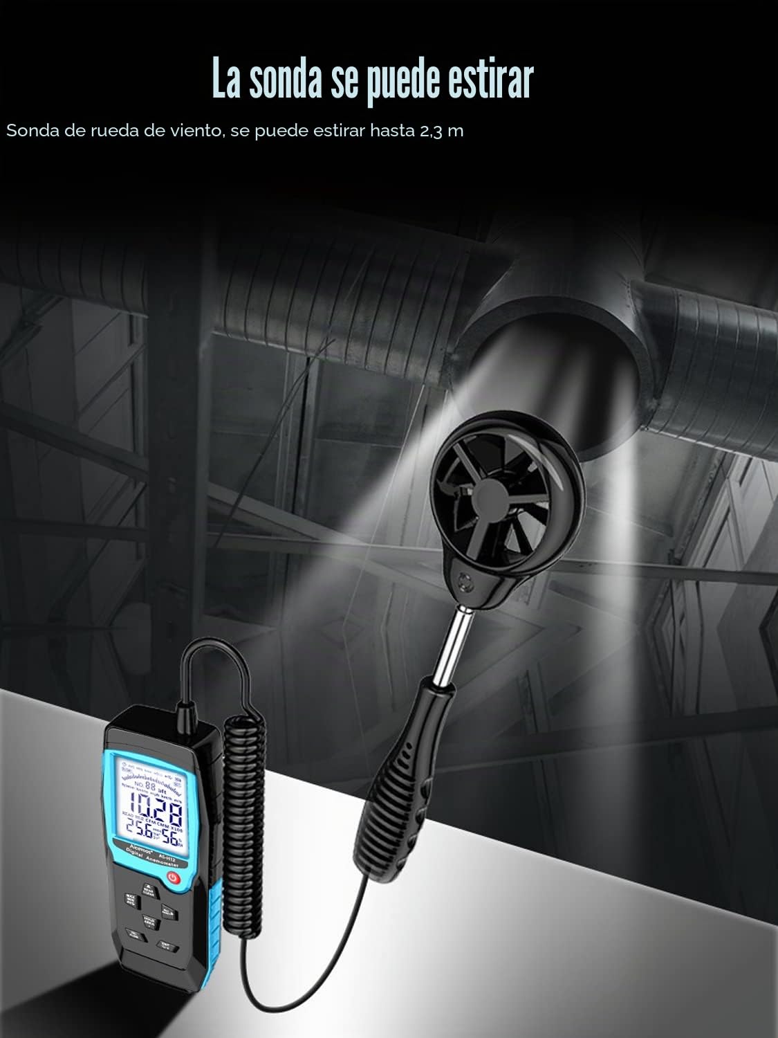 Anemometro Portatil Anemómetro Digital con Sensor de Viento Extendido, Mide Temperatura del Viento Velocidad del Viento Flujo de Viento CFM y Humedad con Retroiluminado y MAX/MIN/AVG