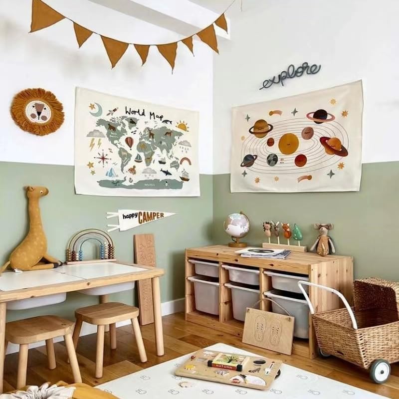 Generic 2PCS Kids Room Wall Decor Canvas Wall Posters Prints World Maps Outer Space Wall Hanging for Nurseries Bedroom Living Room Photography