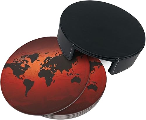 Miniatura 3 de Juego de 6 posavasos de mapa del mundo rojo y marrón para mesa de café, posavasos de cuero absorbente para bebidas con soporte para tazas, juego de